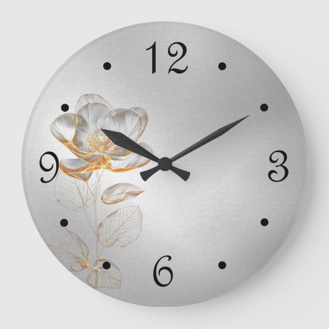 Gold Flower Silver Numbers Large Clock (Front)