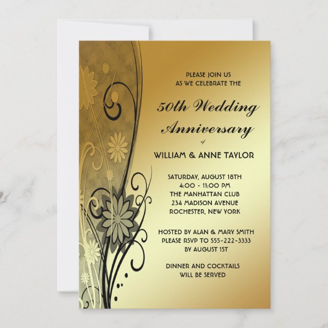 Gold Flower Swirls 50th Anniversary Invitations (Front)