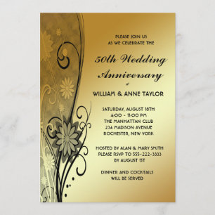 Gold Flower Swirls 50th Anniversary Invitations