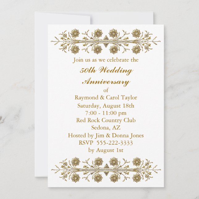 Gold Flowers 50th Wedding Anniversary Invitation (Front)