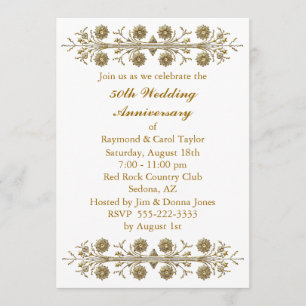 Gold Flowers 50th Wedding Anniversary Invitation