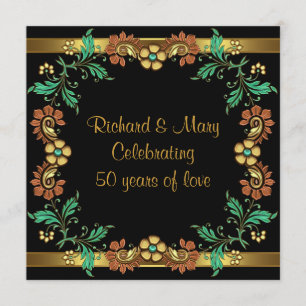 Gold Flowers 50th Wedding Anniversary Party Invitation