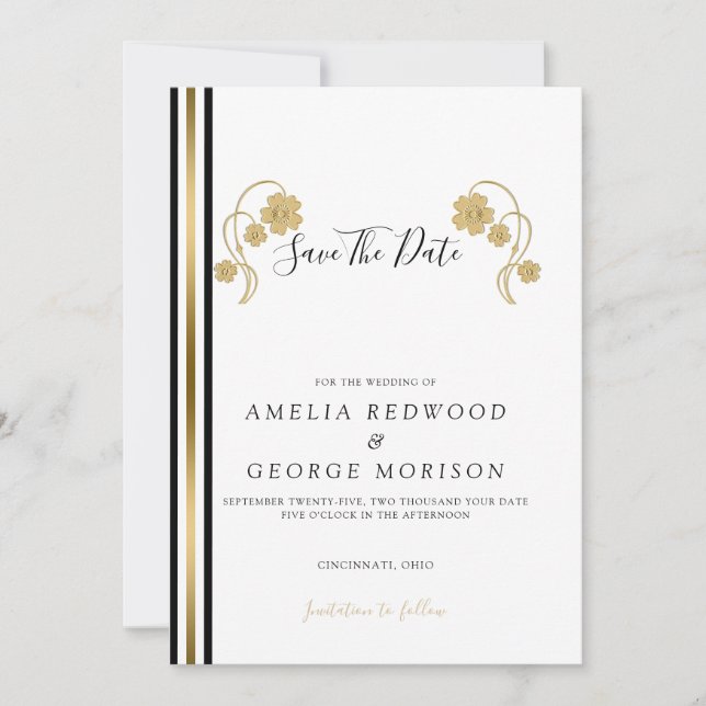 Gold Flowers And Stripes Save The Date (Front)