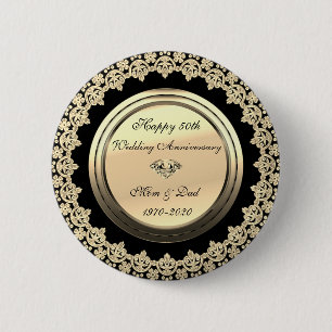 Gold Flowers Black 50th Wedding Anniversary 6 Cm Round Badge