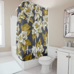 Gold Flowers Black Background Custom Name Shower Curtain