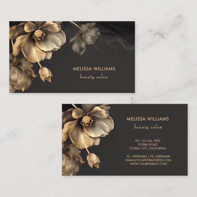 Gold Flowers Black  Business Card (Front/Back)