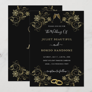 Gold Flowers Black Modern Wedding Invitation