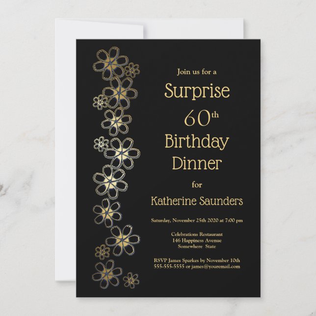 Gold Flowers Black Surprise 60th Birthday Dinner Invitation (Front)