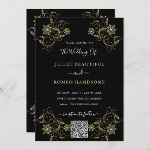 Gold Flowers Black Wedding Invitation with QR Code