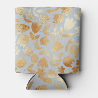Gold flowers, blue background, foil imitation. can cooler