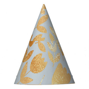 Gold flowers, blue background, foil imitation. party hat