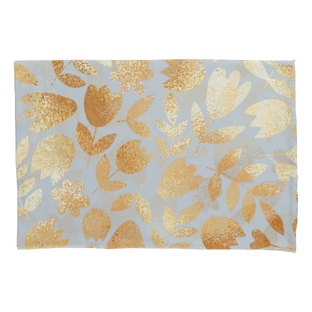 Gold flowers, blue background, foil imitation. pillowcase (Front)