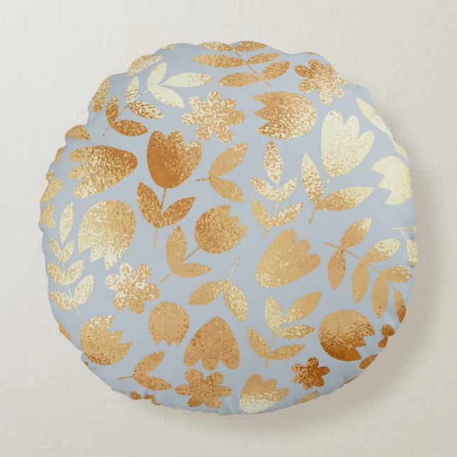 Gold flowers, blue background, foil imitation. round cushion (Front)