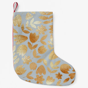 Gold flowers, blue background, foil imitation. small christmas stocking