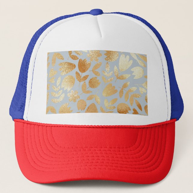 Gold flowers, blue background, foil imitation. trucker hat (Front)