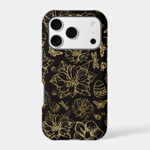 Gold flowers butterflies pattern