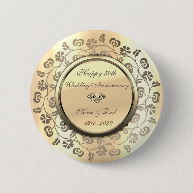 Gold Flowers Diamond 50th Wedding Anniversary 6 Cm Round Badge (Front)