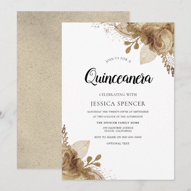 Gold Flowers Elegant Quinceanera Party Invite (Front/Back)