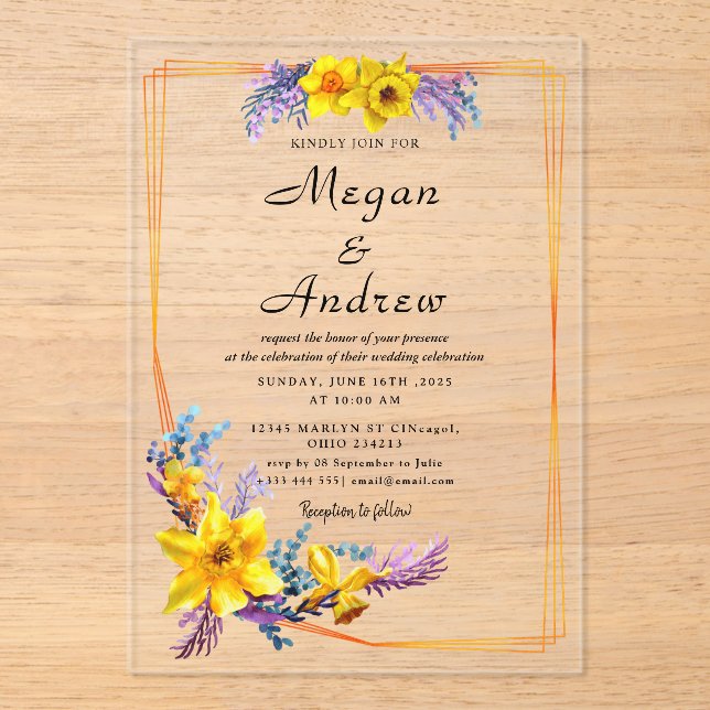 gold  Flowers  Fall Foliage Wedding  Acrylic Invitations (Front)