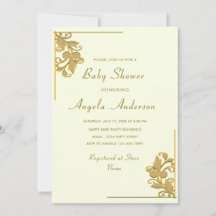 Gold Flowers Frame - Baby Girl Shower Invitation