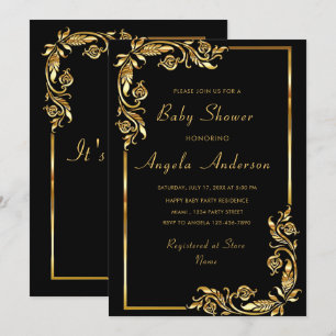 Gold Flowers Frame Baby Girl Shower Invitation