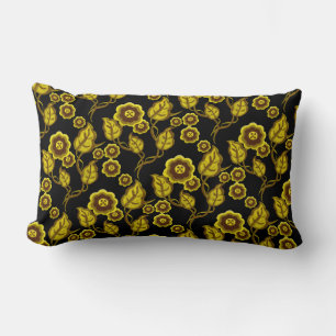 Gold flowers, gold leaves, Folk art floral/black Lumbar Cushion