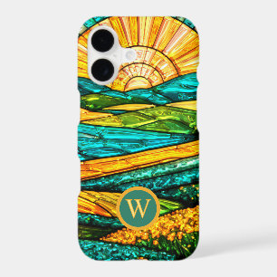 Gold Flowers Green Countryside Faux Stained Glass