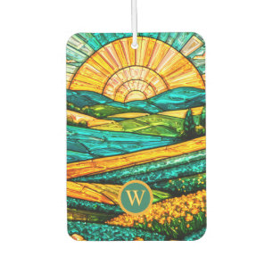 Gold Flowers Green Countryside Faux Stained Glass Car Air Freshener