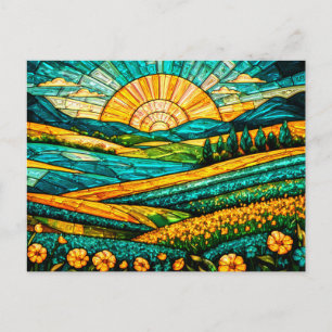 Gold Flowers Green Countryside Faux Stained Glass Postcard
