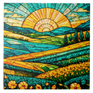 Gold Flowers Green Countryside Faux Stained Glass Tile