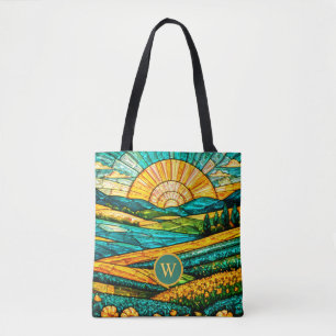Gold Flowers Green Countryside Faux Stained Glass Tote Bag