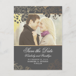 Gold Flowers Grey Vintage Photo Save the Date Announcement Postcard