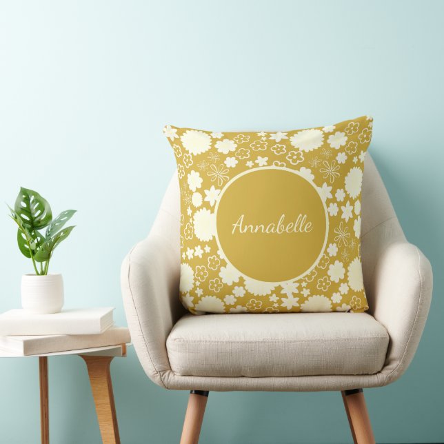 Gold Flowers in Floral Pattern Custom Named Cushion (Chair)