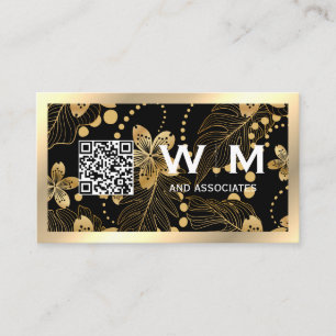 Gold Flowers Monogram   QR CODE Business Card