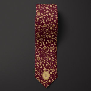 Gold Flowers on Burgundy Monogram  Tie