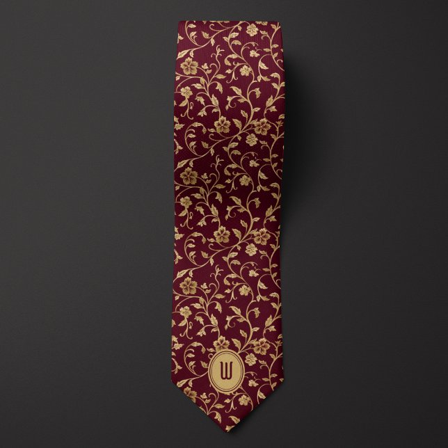 Gold Flowers on Burgundy Monogram  Tie (Creator Uploaded)