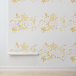 Gold Flowers Ornaments Custom Colour White Wallpaper