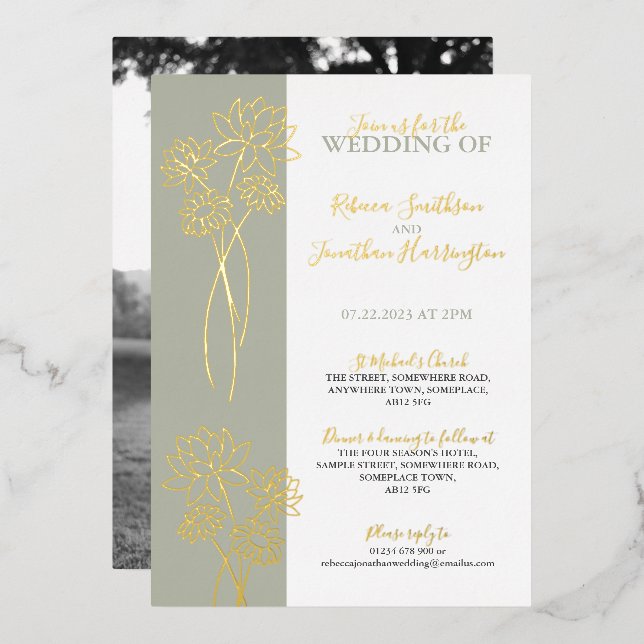 Gold Flowers Sage Photo Wedding Foil Invitation (Front/Back)