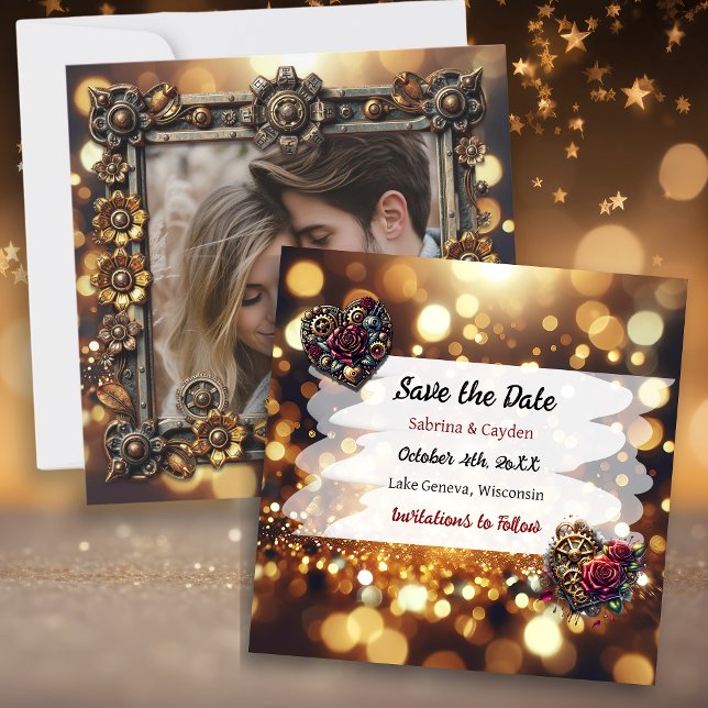 Gold Flowers Steampunk Personalised Wedding Save The Date (Creator Uploaded)