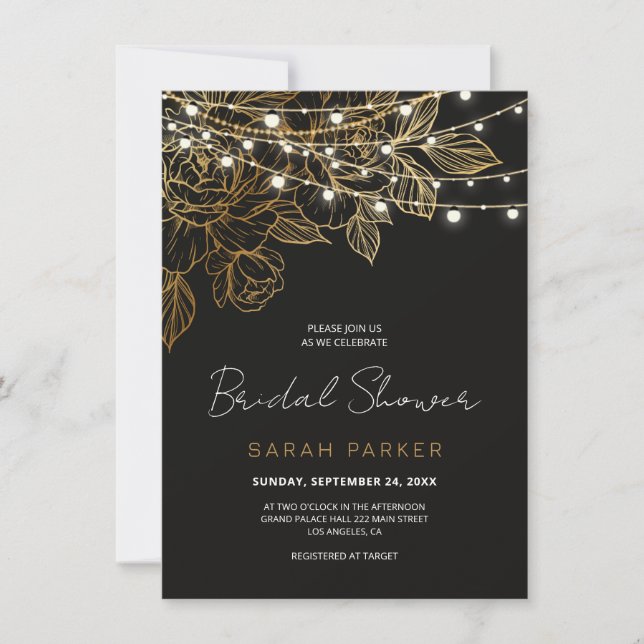 Gold Flowers String Lights Wedding Invitation (Front)