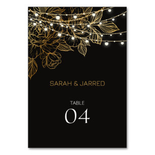 Gold Flowers String Lights Wedding Table Number