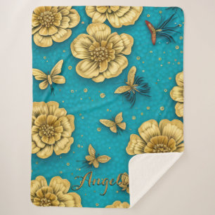Gold Flowers Teal Background Custom Name Sherpa Blanket