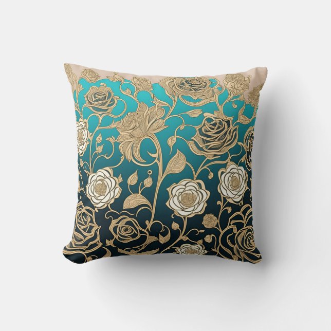 Gold Flowers Turquoise Background Throw Pillow (Front)