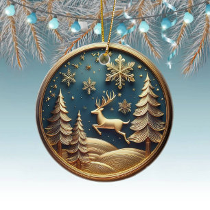 Gold Flying Reindeer, Trees, Snowflakes, Deer 🦌🎄 Ceramic Tree Decoration