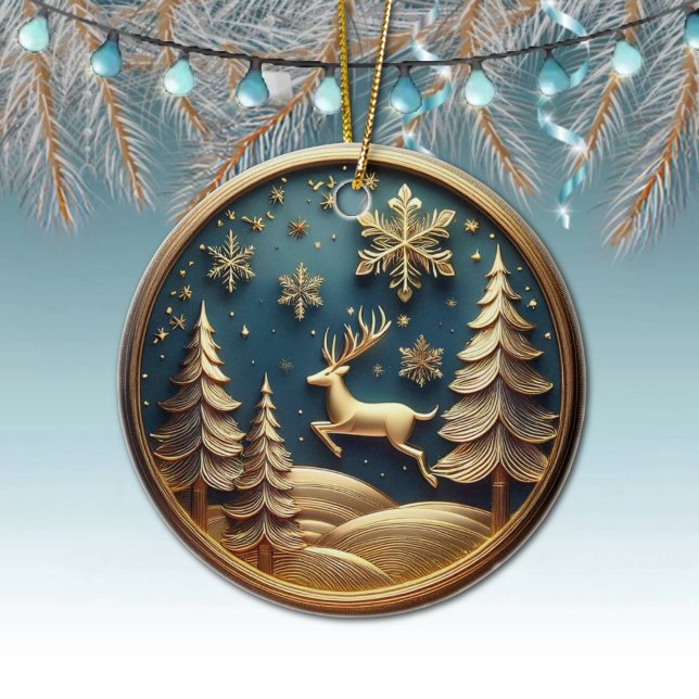 Gold Flying Reindeer, Trees, Snowflakes, Deer 🦌🎄 Ceramic Tree Decoration (Golden Flying Reindeer, Deer Antlers, Trees, Moon, Snowy Night Winter Scene Ornament Front/Back 🦌🎄)
