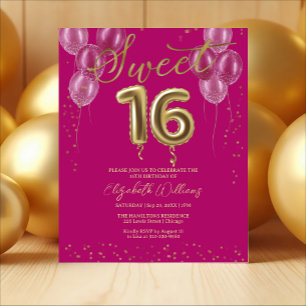 Gold Foil 16 Bday Balloons Pink Budget Invitations