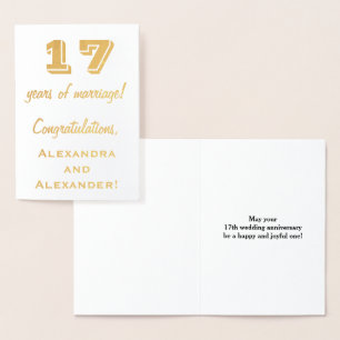 Gold Foil 17th Wedding Anniversary + Custom Names Foil Card
