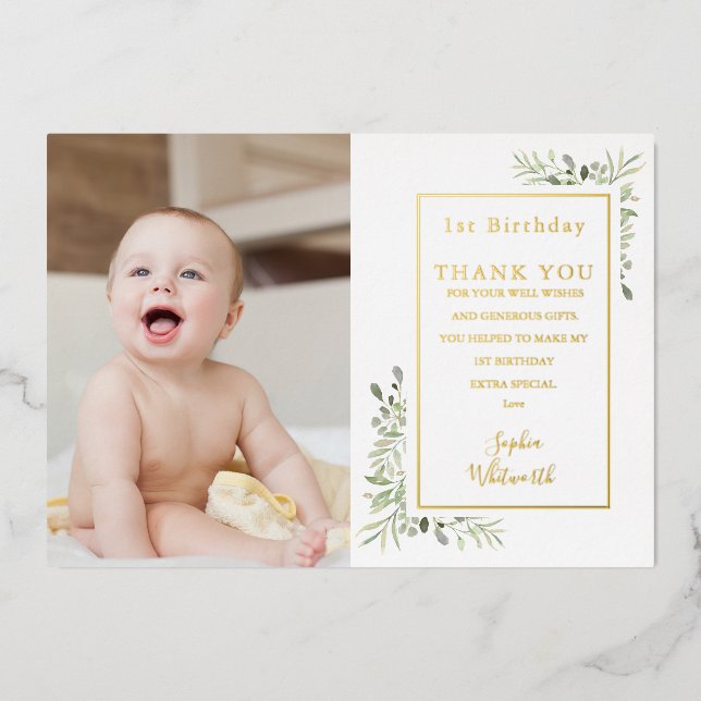 Gold Foil 1st Birthday Thank You Photo Card (Front)