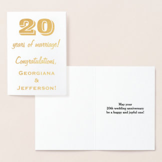 Gold Foil 20th Wedding Anniversary + Custom Names Foil Card
