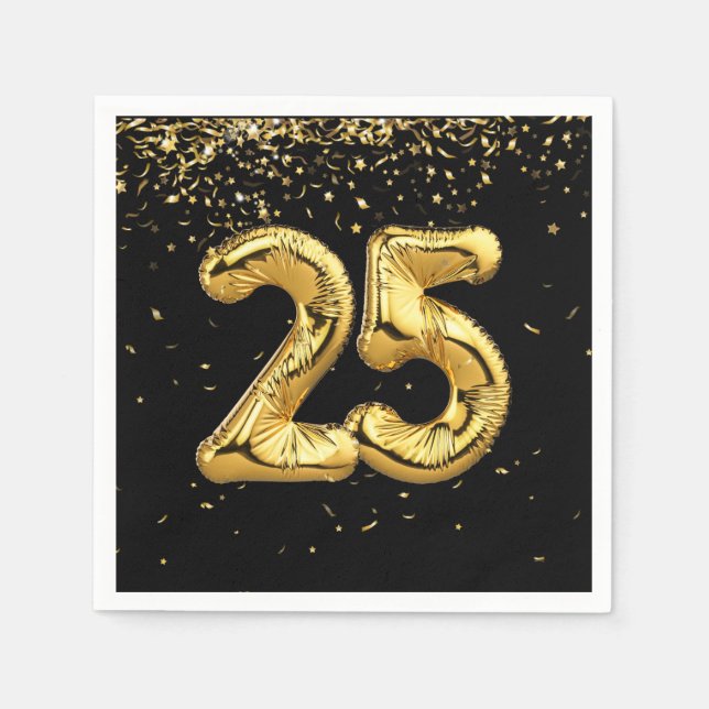 Gold Foil 25 Balloons And Confetti  Napkins (Front)